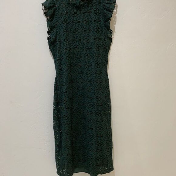ZARA  green jewel tone lace midi high neck holiday party dress small - Picture 7 of 16